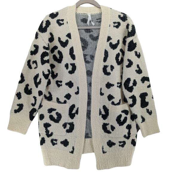 Dreamers Animal Print Cardigan Small Cream Black Open Front Leopard Knit Sweater - Picture 12 of 12